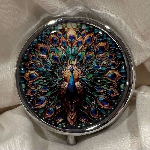 Whimsical Peacock Travel Pill Box 3 Compartment Medicine Metal Pill Case NEW - Picture 1 of 5